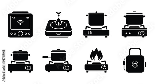 Black and white icons depicting various cooking appliances and methods