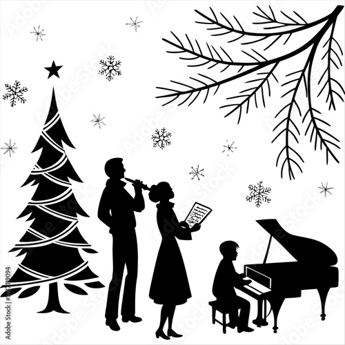 Family singing Christmas carols around piano vector illustration with friends playing music black and white holiday celebration sketch