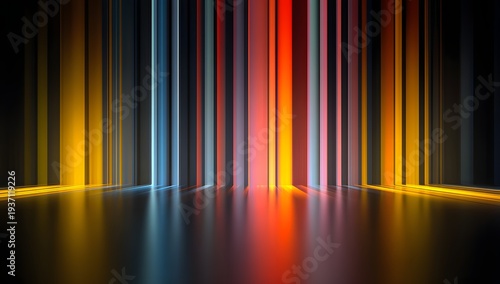 Abstract vertical light columns in red blue and yellow on a dark reflective floor creating a futuristic tunnel effect with strong lines and vibrant color accents