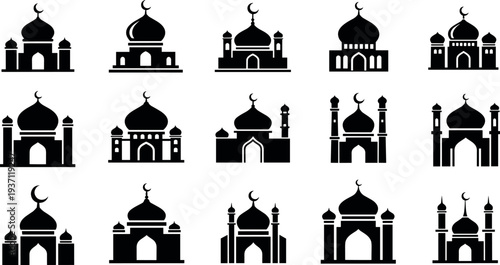 Mosque silhouette icon set with crescent moon domes and minarets, Islamic architecture landmarks collection, Ramadan and Eid religious building symbols vector illustration