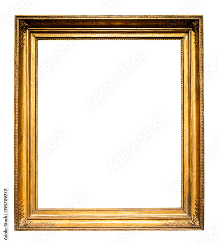vertical old golden picture frame cutout on white background