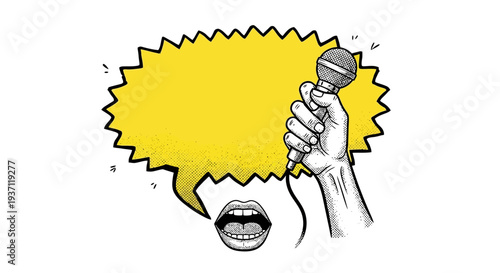 Hand holding microphone with speech bubble and open mouth.