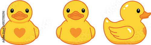 Cute rubber duck cartoon set, yellow bath duck toy characters, adorable baby toy illustration, kawaii duck vector collection