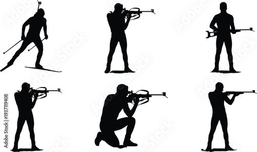 Biathlon athlete silhouettes showing cross country skiing and rifle shooting positions winter sport competition illustration