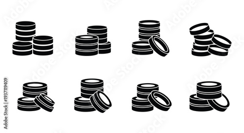 Black and white illustration of stacked coins in various arrangements