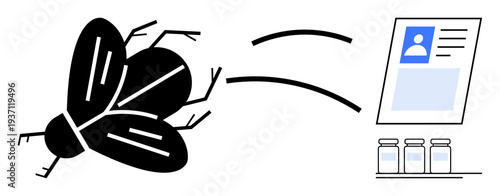 Disease transmission. A graphic ation of disease-carrying insects impacting personal health and necessitating medical remedies. Disease prevention, healthcare, public health, education, research