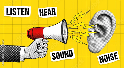 Hand holding megaphone with sound waves reaching an ear.