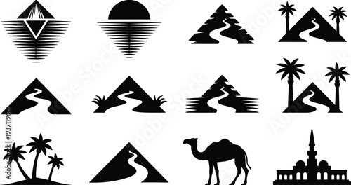 Desert pyramid silhouettes with palm trees, camels, mosque icons, cultural heritage illustration, Middle Eastern landscape, travel tourism, ancient architecture design