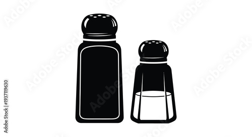 A simple black and white illustration depicting a tall salt shaker and a smaller pepper shaker high quality