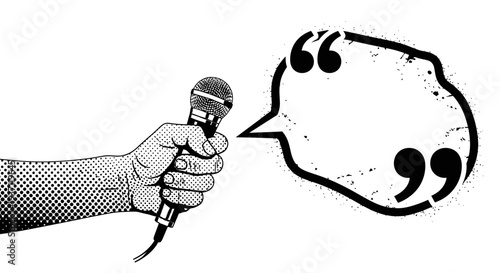 Hand holding microphone with speech bubble.