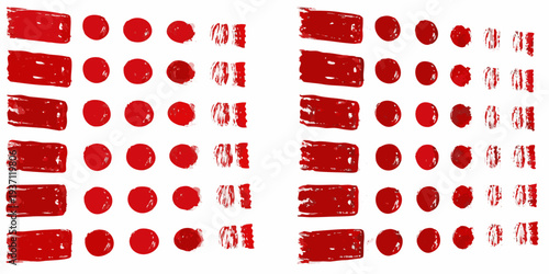 Abstract arrangement of red brushstrokes and circular shapes on white