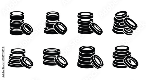Black and white illustration of stacked coins in various arrangements