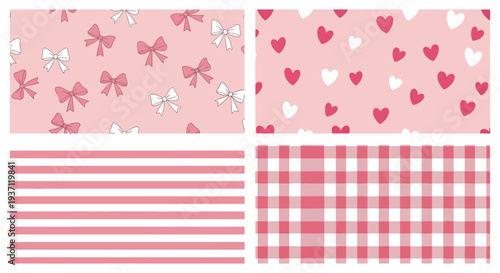 Collection of pink seamless patterns with bows, hearts, stripes, and plaid designs.