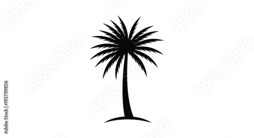 A simple black silhouette of a palm tree with a full crown and slender trunk