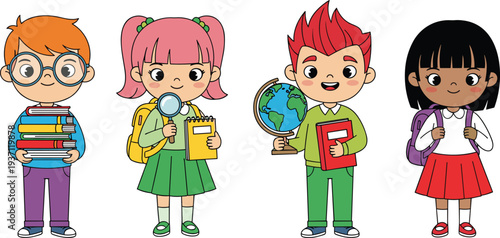 Cute school kids cartoon characters set, students with books backpack globe and magnifier, education vector illustration collection