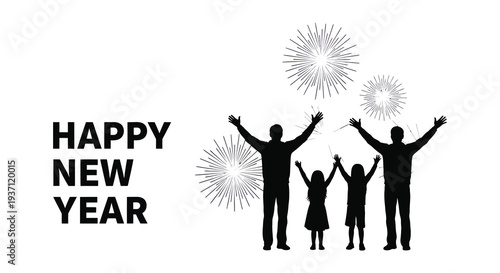 A family silhouetted against a celebratory fireworks display wishes a happy new year high quality professional