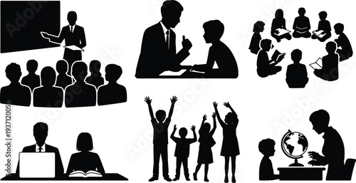 Education silhouettes, classroom teaching, tutoring, group learning, online study, interactive activity, geography lesson, student engagement, learning support, academic culture, knowledge