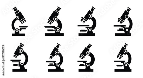 Eight black microscope icons arranged in a grid pattern on white