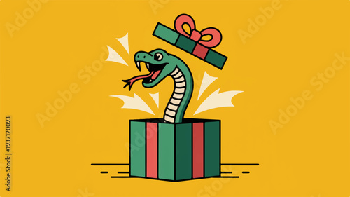 Surprised cartoon snake emerges from green gift box with red bow on yellow background symbolizing unexpected surprises and joyful shocks