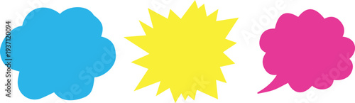 Vibrant abstract shapes in blue yellow and pink hues on a white background