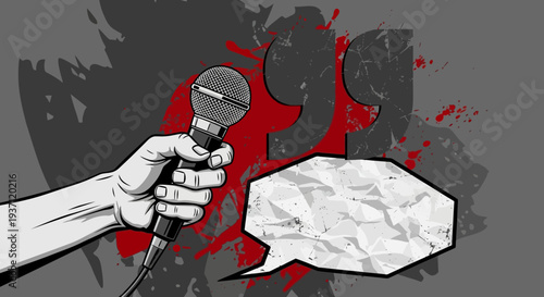 Hand holding microphone with speech bubble.