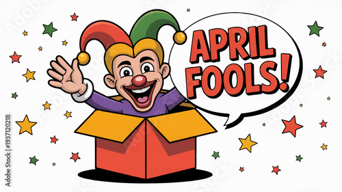 Cartoon jester emerges from box with april fools message surrounded by colorful stars on white background