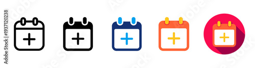 Calendar icons variations. featuring new event plus symbols, minimalist date management elements, and colorful icon set. Vector illustration