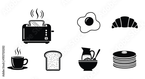 Breakfast icons toaster egg croissant coffee and various foods