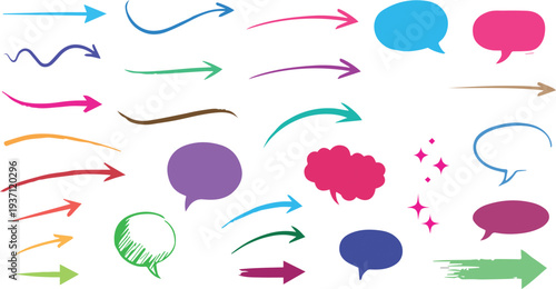 Collection of colorful speech bubbles and arrows on a white background for design and communication