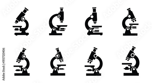 Eight black microscope icons arranged in a grid pattern on white