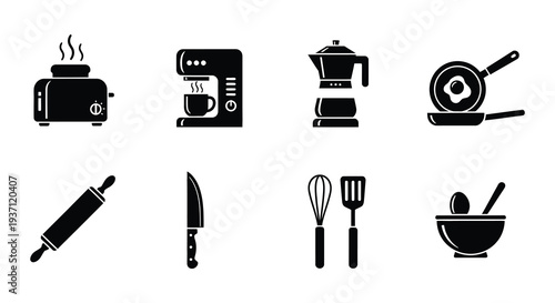 Breakfast icons toaster egg croissant coffee and various foods
