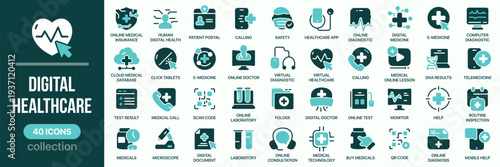 Digital healthcare fill icon collection. Includes telemedicine, online doctor, medical diagnostics, health monitoring and digital medical service symbols. Created in colored style with teal palette