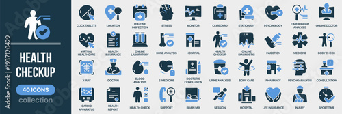 Health checkup fill icon collection. Includes medical analysis, doctor consultation, laboratory tests, diagnostics and health monitoring symbols. Created in colored style with blue palette