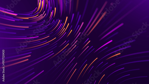Modern Tech Network with AI Data Flow and Fiber Optic Connections. High-Speed Digital Transmission Lines and Wireless Broadband Infrastructure. Glowing Purple Data Streams Vector. 