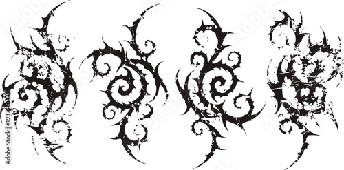 Black tribal tattoo design set with swirling abstract floral patterns and ornamental curls