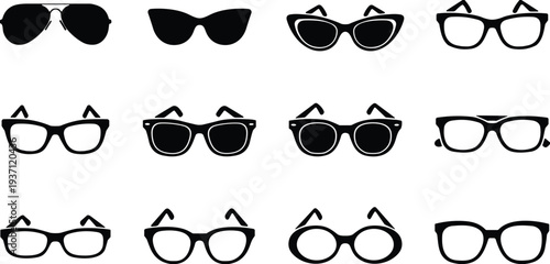 Eyeglass silhouette icons, eyewear fashion vector illustration, glasses frame styles collection, optical accessory design elements for creative stock use