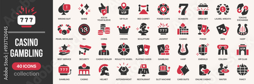 Casino and gambling fill icon collection. Includes slot machine, poker, roulette, casino chips, jackpot and gambling entertainment symbols. Created in colored style with red palette