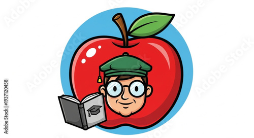 Cartoon Character of a Man with Glasses and Book Inside an Apple.