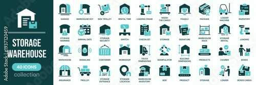 Storage and warehouse fill icon collection. Includes warehouse, logistics, cargo, container, storage, loading and inventory management symbols. Created in colored style with teal palette