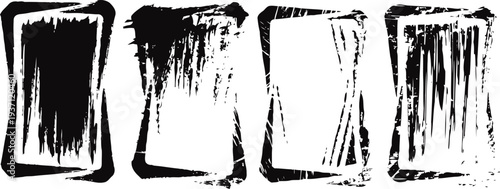 Set of four grunge rectangular frames with rough brushstroke textures in black and white design