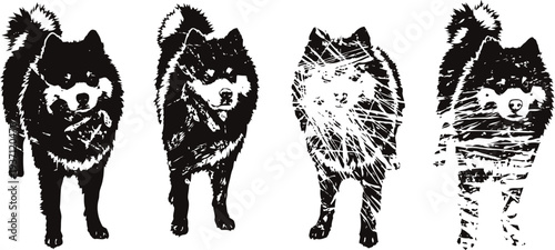 Abstract black and white shiba inu dog silhouettes with glitch effect on a white background