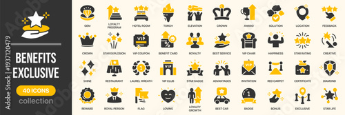 Benefits and exclusive fill icon collection. Includes loyalty program, VIP club, rewards, bonus, premium service and membership benefits symbols. Created in colored style with yellow palette