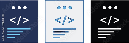 Coding interface icon set with browser window and code symbols minimal flat vector illustration for web development programming and software design