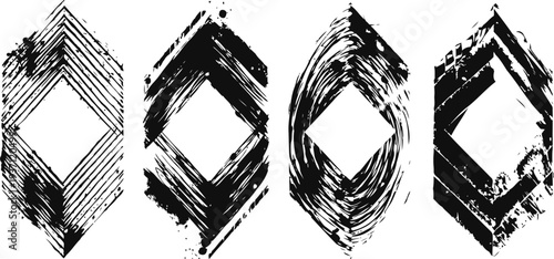 Four grunge diamond shape textures in black with rough brush strokes on white background