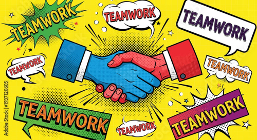 Illustration of teamwork and partnership with handshake and colorful speech bubbles.