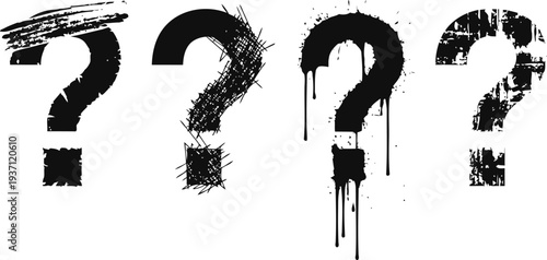 Four grungy black question marks with rough brush strokes and dripping paint on white background