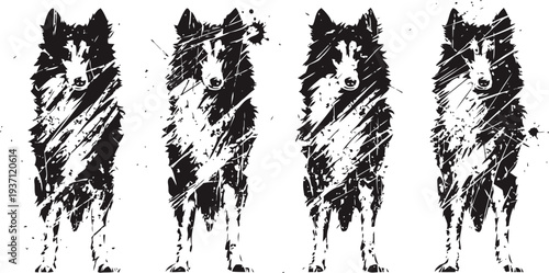 abstract black and white rough sketch of standing fluffy dogs in artistic grunge