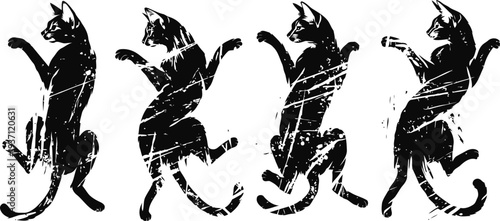 Silhouettes of four dancing cats in vintage grunge black art design