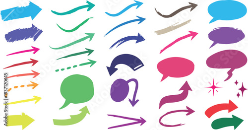 A collection of colorful arrows and speech bubbles in various shapes and sizes for communication and direction