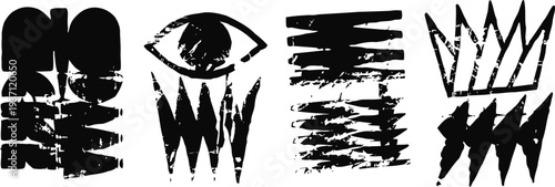 Abstract grunge brush strokes and shapes set rough textured ink splatters, scratches, and hand drawn distressed design elements